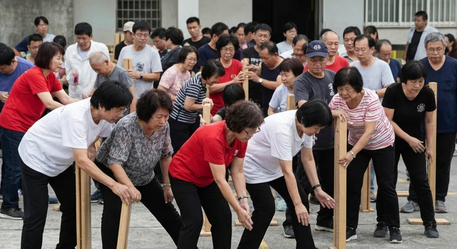 A group of Taiwanese civilians participating in a civil defense drill, practicing evacuation procedu