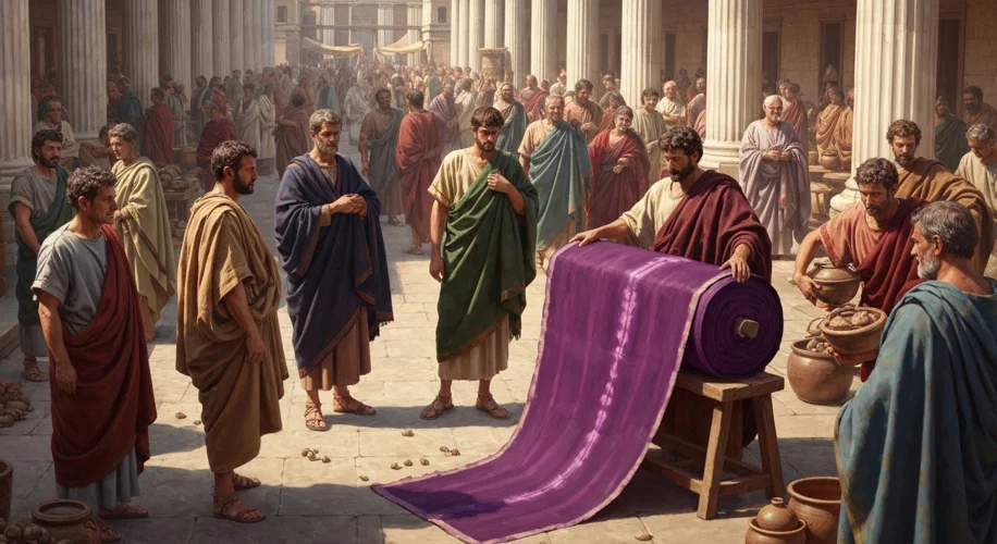 An ancient Roman marketplace bustling with activity, a vendor proudly displaying vibrant purple fabr