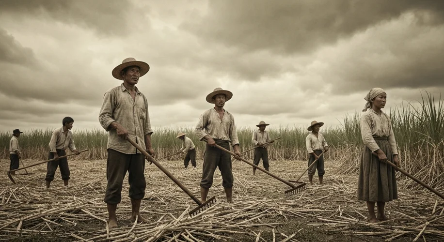 A sepia-toned photograph depicting a group of Korean laborers in Hawaii, dressed in simple work clot