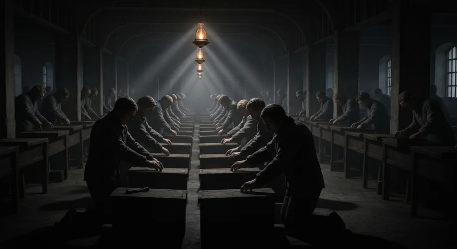 A stark, dimly lit interior of a Victorian workhouse with rows of weary men and women in drab unifor