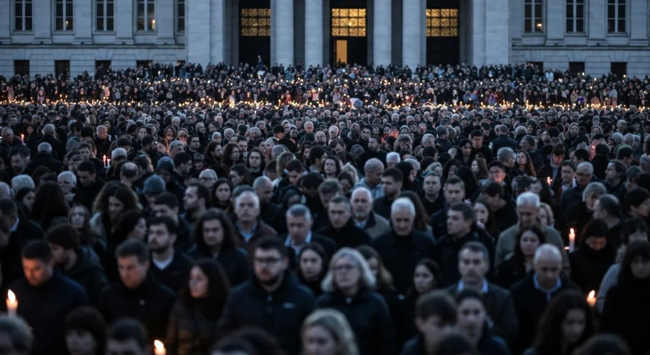 A somber crowd gathered outside a building, holding candles and looking upwards with expressions of 