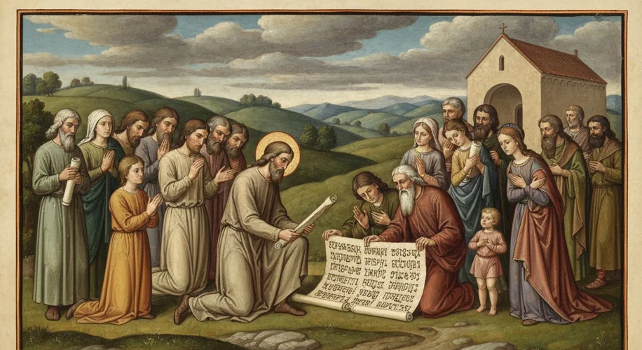 A medieval depiction of Saints Cyril and Methodius teaching Slavic people, with Glagolitic script vi