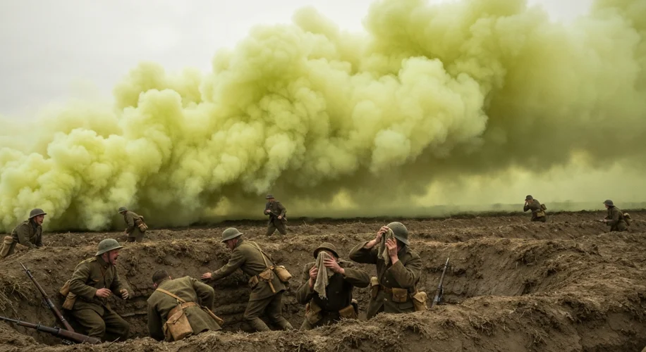 A WWI battlefield scene with a greenish-yellow cloud of poison gas rolling across no-man's-land towa