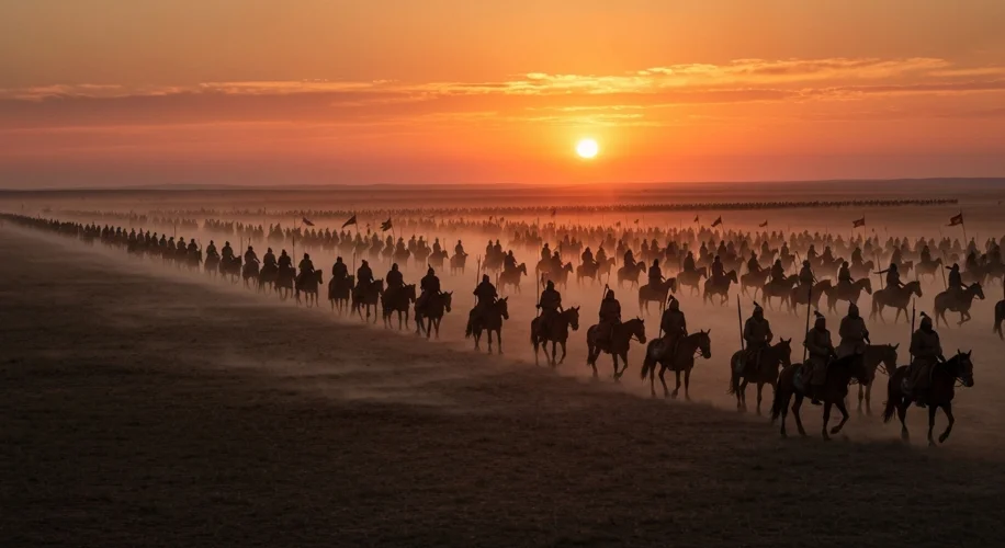 A vast Mongol army on horseback, silhouetted against a setting sun, stretching across a plain as far