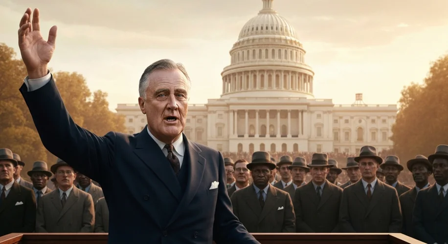 A dramatic depiction of Franklin D. Roosevelt addressing a crowd, with the U.S. Capitol building in