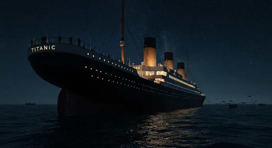The stern of the Titanic dramatically vertical against a starry night sky just before it sinks benea