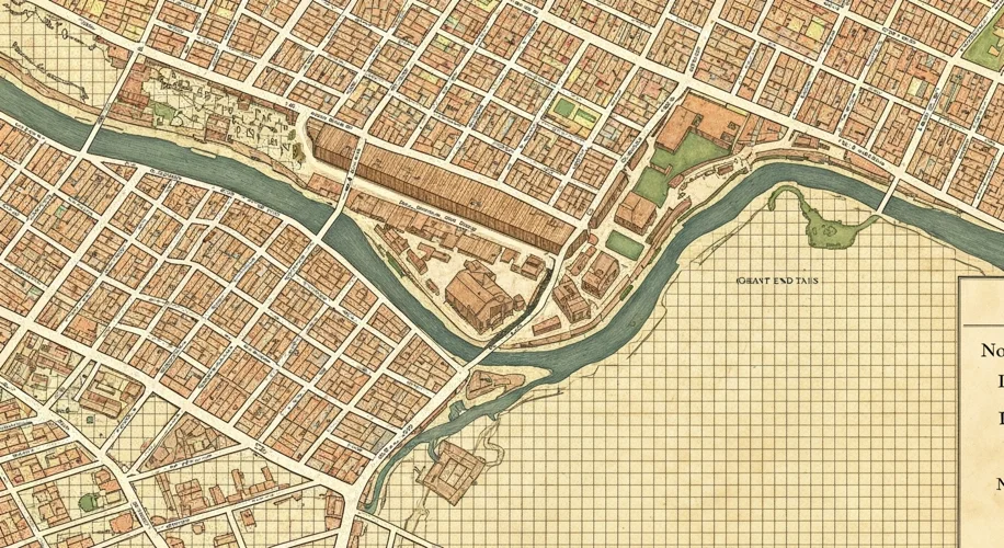 A vintage map of Boston's North End highlighting the location of the molasses tank and the path of t