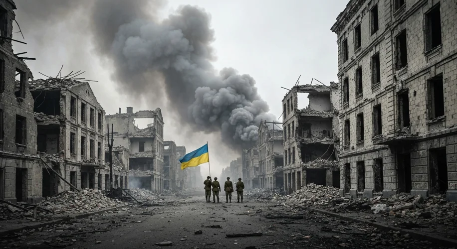 A tattered Ukrainian flag being raised over the rubble of a devastated city street in Ukraine, with 