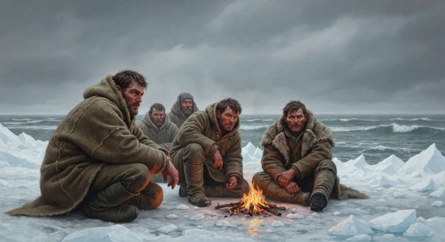 A group of rugged, bearded men huddled together on a desolate, ice-covered shore, looking out at the