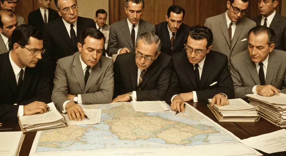 A vintage photograph of the 1960 Baghdad OPEC founding meeting, with delegates in formal attire disc