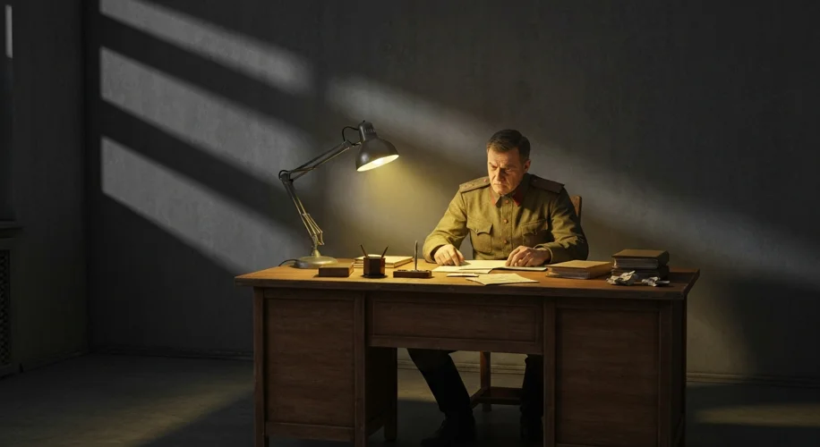 A dimly lit Soviet-era room, a single desk lamp illuminates a worried man in a military uniform, rev