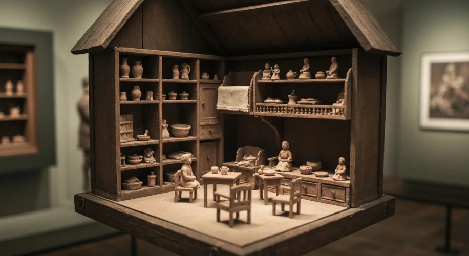 A 16th-century German 'kinderkasten' or baby house, intricately detailed with miniature furniture an