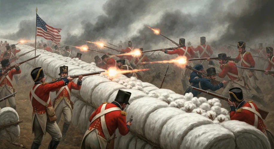 A dramatic painting depicting the Battle of New Orleans. British soldiers in redcoats are shown fall