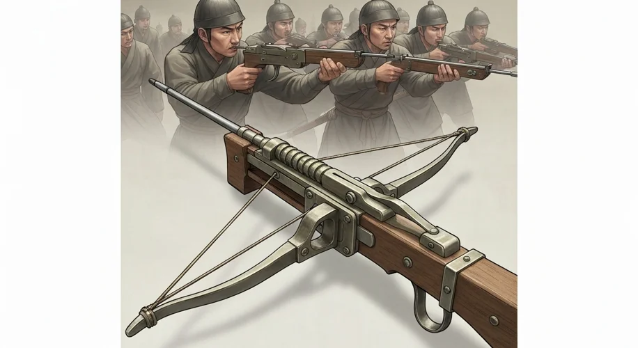 A detailed illustration of a Chinese repeating crossbow from the Han Dynasty, showing its complex me