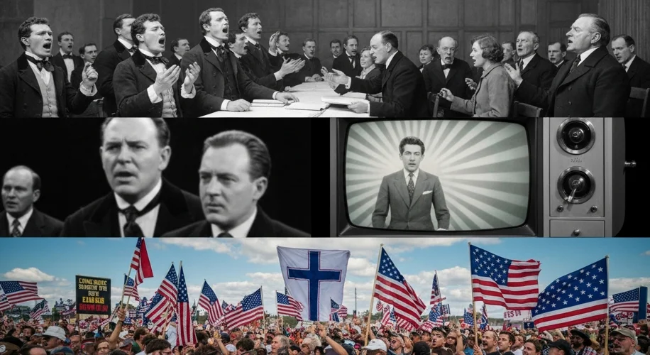 A montage showing historical images: early American revival meetings, a mid-20th century religious b