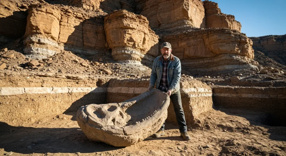 A paleontologist carefully brushes sediment from a large, fossilized dinosaur femur in a dig site, w