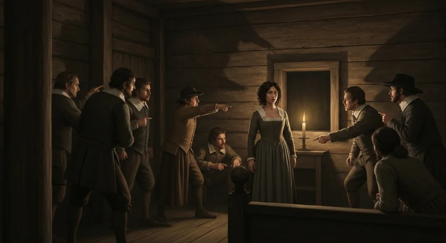 A dimly lit colonial meeting house interior, with villagers huddled together, some pointing accusing