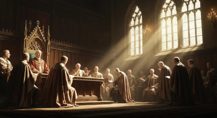 A dramatic, ornate chamber inside the Houses of Parliament, depicting a historical scene where the H