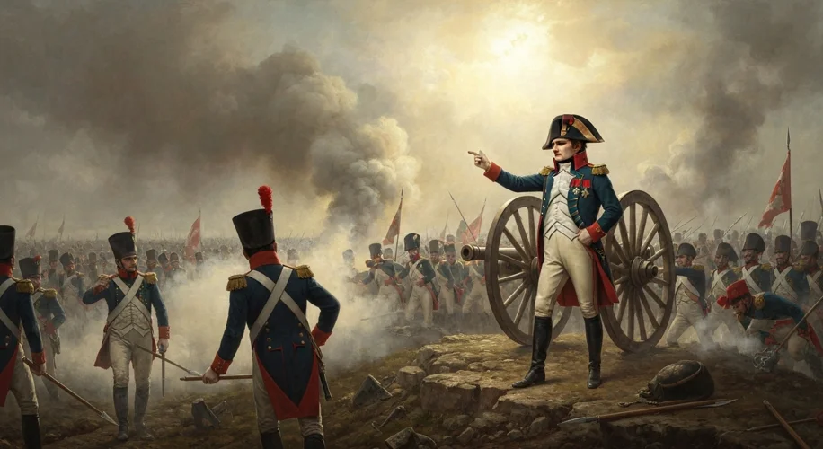 Napoleon Bonaparte directing his troops during the Battle of Austerlitz, smoke rising from the battl
