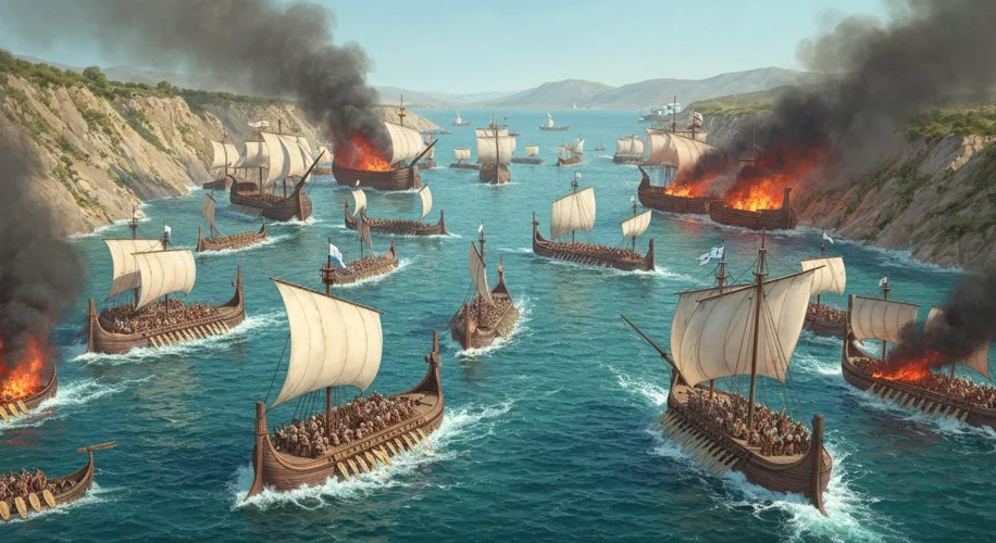 A panoramic view of the Battle of Salamis, showcasing numerous ancient Greek triremes engaged in fie