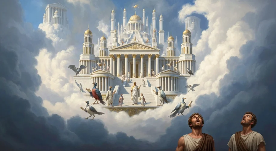 An ancient Greek artist's rendition of a fantastical city floating amongst the clouds, populated by 