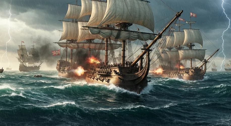 A dramatic depiction of the Spanish Armada battling English ships amidst stormy seas, with cannon fi