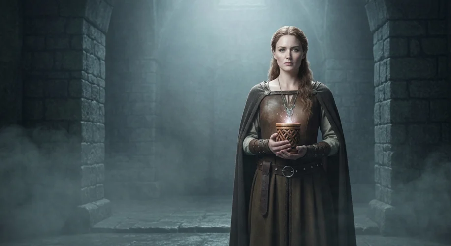 A medieval Irish woman, Derbforgaill, stands in a dimly lit stone chamber, a faint ethereal glow ema