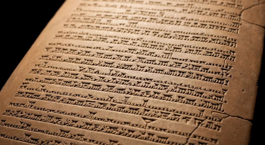 Close-up view of a cuneiform inscription on a clay tablet, representing ancient Babylonian record-ke