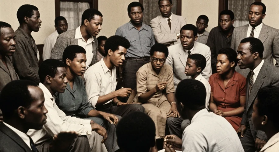 A vintage photograph showing a diverse group of African Americans gathered around a speaker in a com