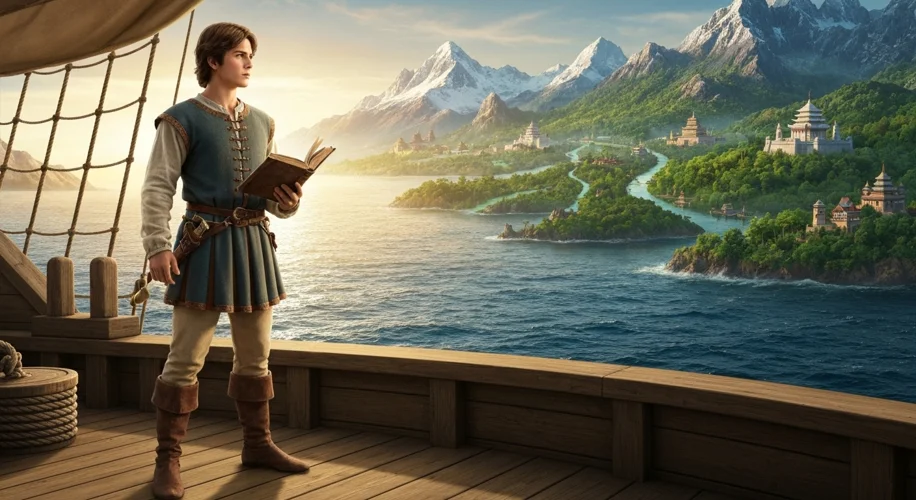 A young Marco Polo, dressed in 13th-century Venetian attire, stands on a ship's deck, gazing eastwar