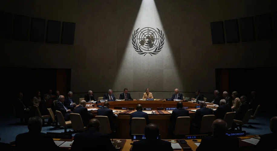 A somber United Nations Security Council chamber, with delegates looking downcast or in heated discu