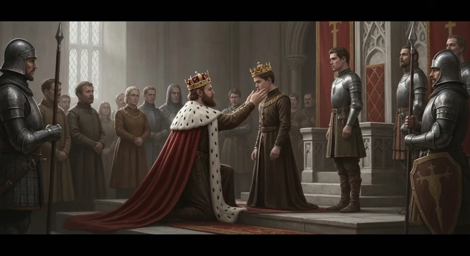 A medieval king, crowned and robed, is seen placing a crown on the head of a younger man, possibly h