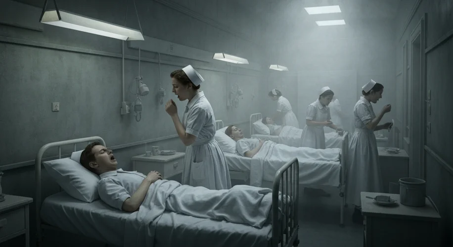 A somber scene inside a London hospital ward during the Great Smog. Nurses attend to coughing patien