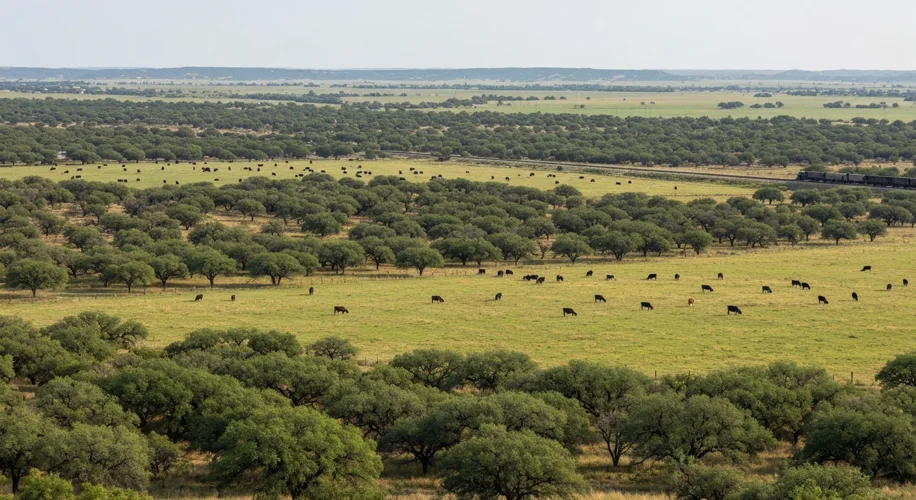 A wide shot of the Uvalde landscape in the early 20th century, showing rolling hills dotted with mes