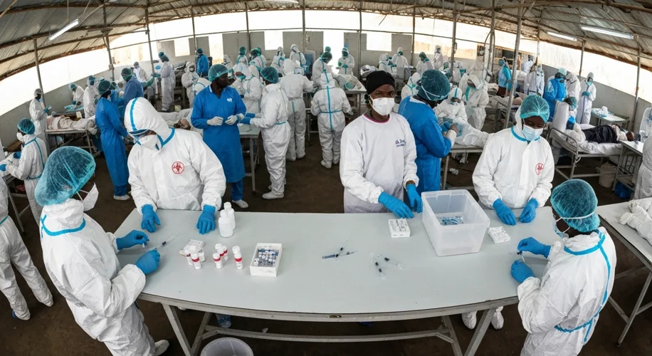 A bustling Ebola treatment center in the DRC, showing medical staff in PPE interacting with patients