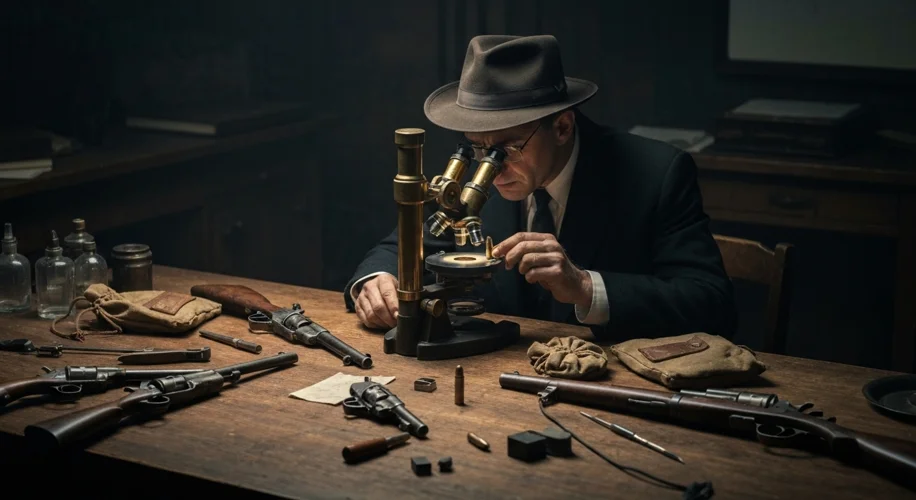 A vintage photograph of a firearms examiner meticulously examining a bullet under a microscope in a