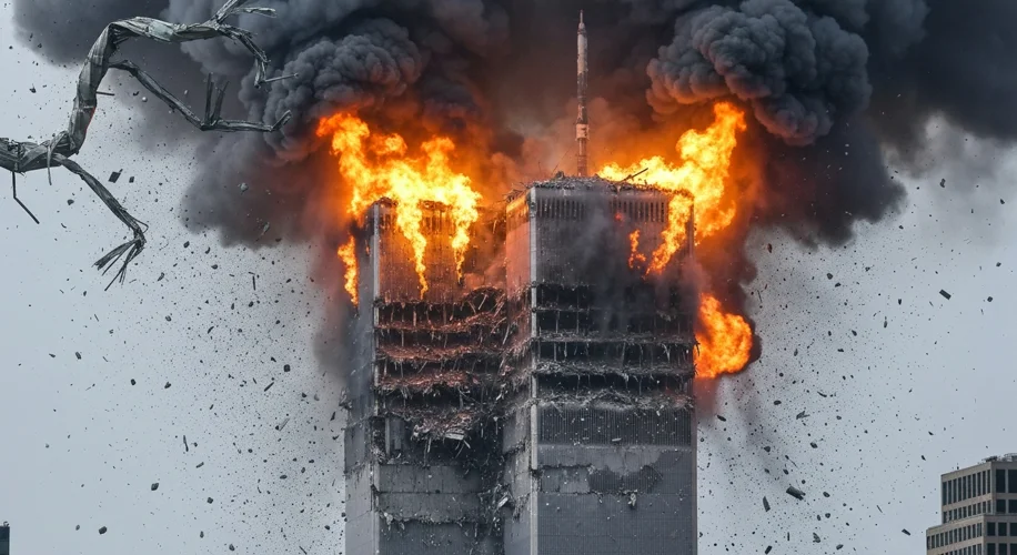 A powerful image of the Twin Towers of the World Trade Center engulfed in flames and smoke, with deb