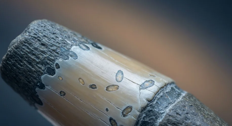 A close-up, cross-section view of a fossilized dinosaur tooth, highlighting microscopic inclusions a