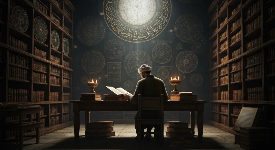 A medieval scholar, possibly Ibn Rushd, poring over ancient texts in a dimly lit library, with Arabi