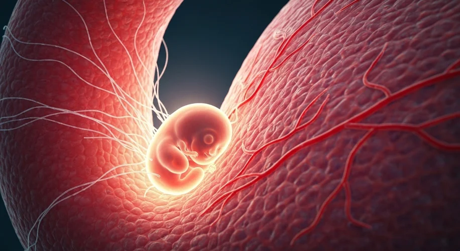 A microscopic view of a human embryo, glowing faintly, attaching itself to the richly vascularized l