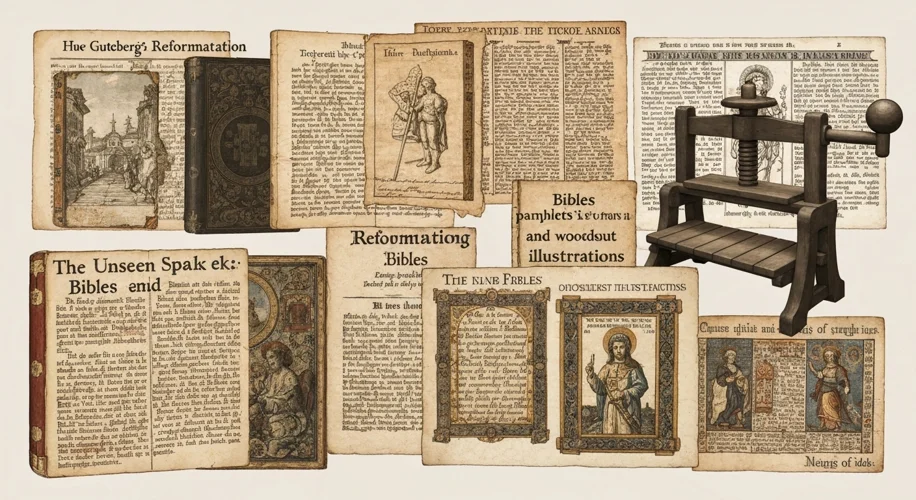 A montage showing various printed materials from the Reformation era, including Bibles, pamphlets, a