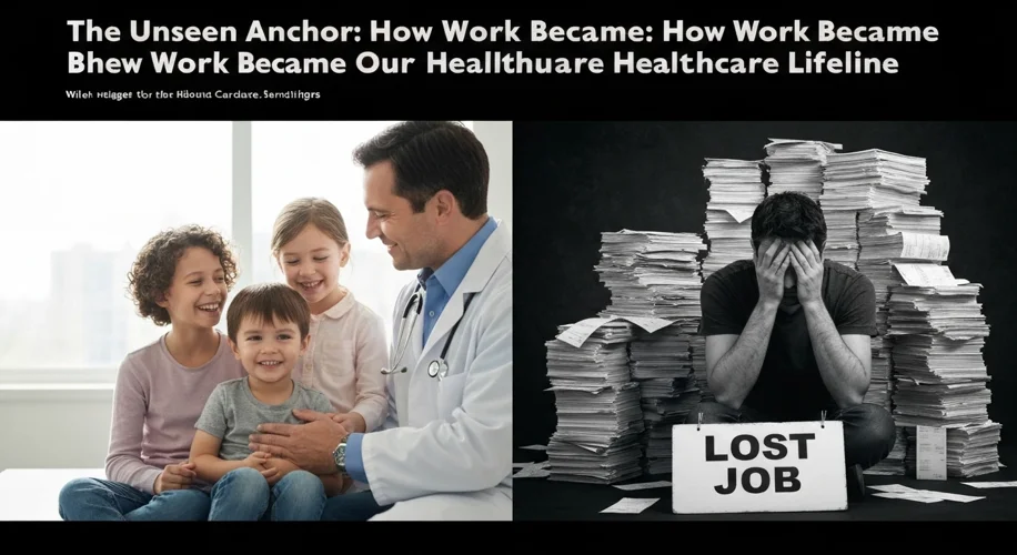 A split image. On one side, a healthy, smiling family with a doctor. On the other side, a person loo