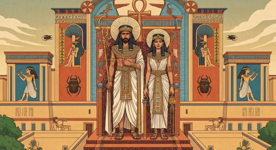A dramatic illustration depicting Ptolemaic royalty, possibly Ptolemy II Philadelphus and Arsinoe II