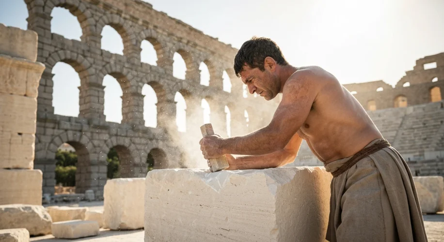 A Roman stonemason with calloused hands meticulously chipping away at a large block of travertine st