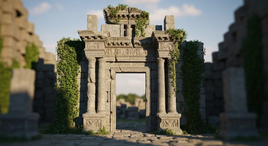 A solitary, ancient, crumbling stone structure resembling a library entrance, overgrown with vines, 