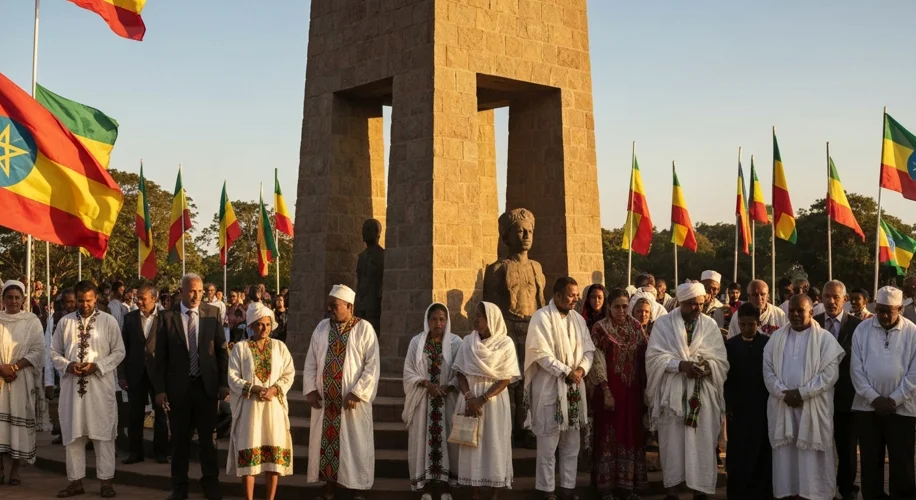 A contemporary photograph or illustration showing the Adwa Victory Memorial in Ethiopia, with Ethiop