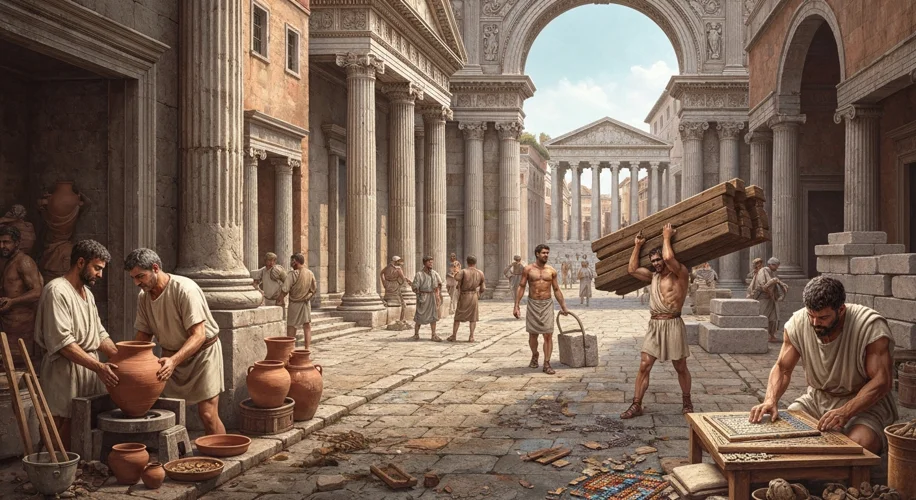A busy Roman street scene in a bustling city like Rome or Ostia, showing various artisans at work: a