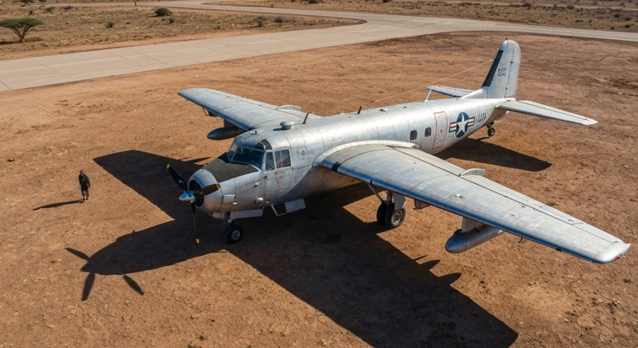 A vintage Douglas C-47 Skytrain aircraft with mercenary markings parked on a dusty, sun-baked Africa