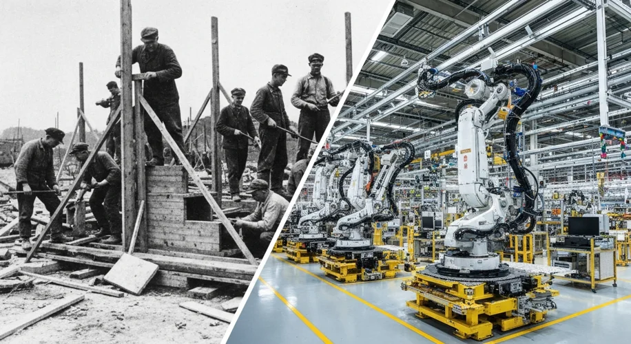 A split image: on the left, a black and white photo of post-WWII German reconstruction workers; on t