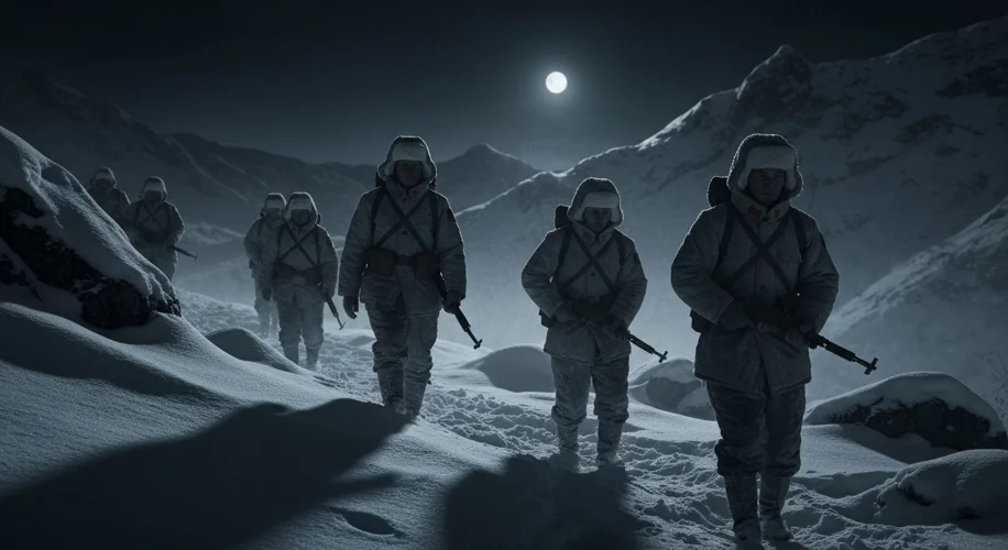 A nighttime scene of Chinese soldiers in thick winter uniforms advancing across a snowy, mountainous